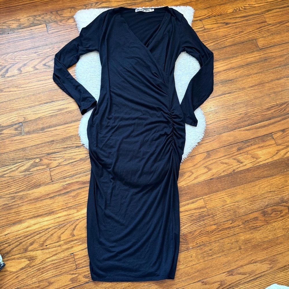 Michael Stars Ruched Wrap Long Sleeve Soft Stretchy Knit Black Midi Dress Sz L